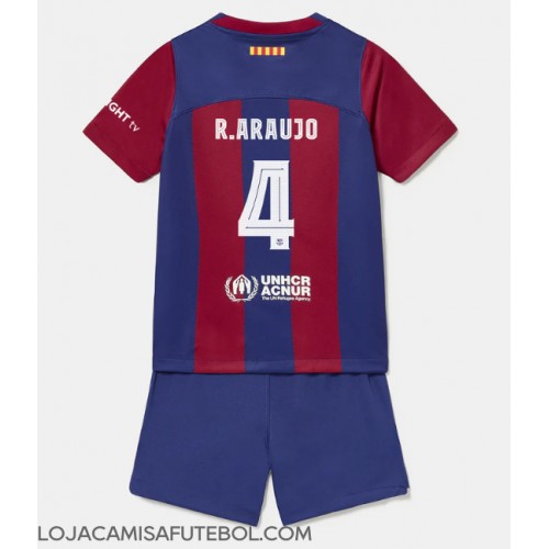 Camisa de Futebol Barcelona Ronald Araujo #4 Equipamento Principal Infantil 2023-24 Manga Curta (+ Calças curtas)